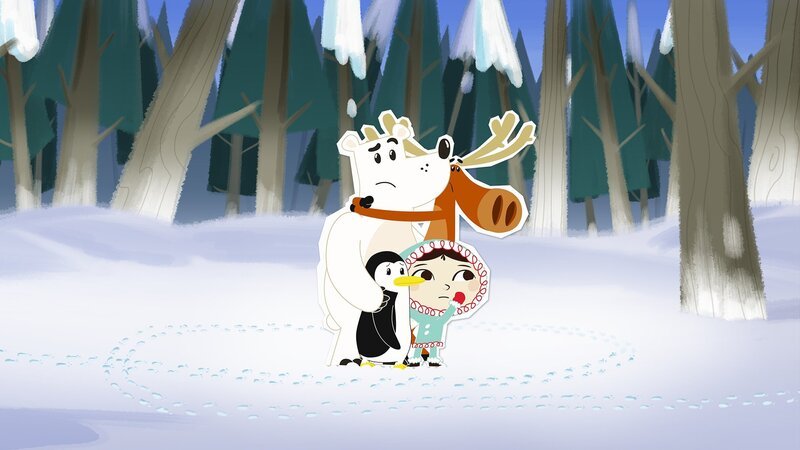 Der dunkle Wald und die geheimnisvollen Spuren im Schnee machen Inui und ihren Freunden ganz schön Angst: Ob da ein Geist am Werk ist? – Bild: ZDF/​JEP Animation