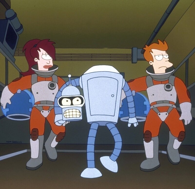 (v.l.n.r.) Leela, Bender und Fry starten in den Weltraum, um einen Müllball zu sprengen. Titel: Futurama – Bild: ProSieben MAXX