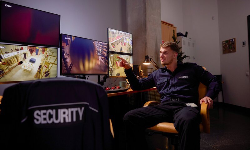 Justin (Eric Cordes) freut sich, dass das Olymp gleich schließt. Dann kann er endlich die gemeinsame Nacht mit seiner Freundin Maja vorbereiten. – Bild: ORF/​ZDF/​Audrius Solominas