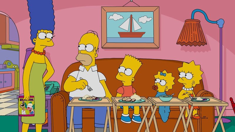 Bei den Simpsons (v.l.n.r. Marge, Homer, Bart, Maggie und Lisa) läuft es drunter und drüber. Marge und Homer haben mit Kleidungsfragen zu kämpfen, als dieser die Chance einer Beförderung wittert und Lisa und Bart sind Clown Krusty auf der Spur … – Bild: 2016⁠–⁠2017 Fox and its related entities. All rights reserved. Lizenzbild frei