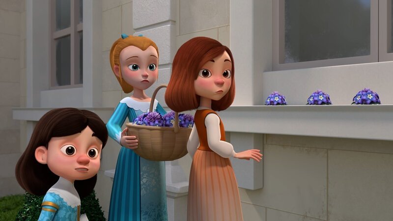 Für das Frühlingsfest schmücken Charlotte (r.) und Olivia (M.) den königlichen Hof. Noch wissen sie nicht, dass zu diesem Tag eine Entführung des Königs (l.) geplant ist. – Bild: Method Animation – Palomar – ZDF – ZDF Studios