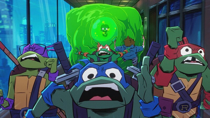 v.li.: Donatello, Leonardo, Michelangelo, Muckman, Rod, Raphael – Bild: Paramount
