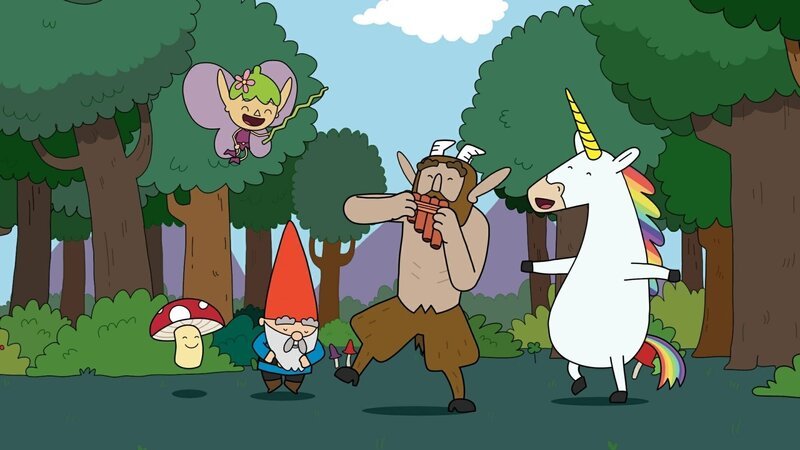 Twinkle (oben) hat den Zauberstab, der alles verschwinden lässt, in ihren Händen. Da sie ihn nicht unter Kontrolle hat, lässt sie damit sogar ihre Freunde Tupfen, Herbert, Hufius und Blümchen (unten, von links) verschwinden. – Bild: ZDF/​Tiger Aspect Kids & Family Limited, Movimenti Production, Zodiak Kids & Family France and Monello Productions