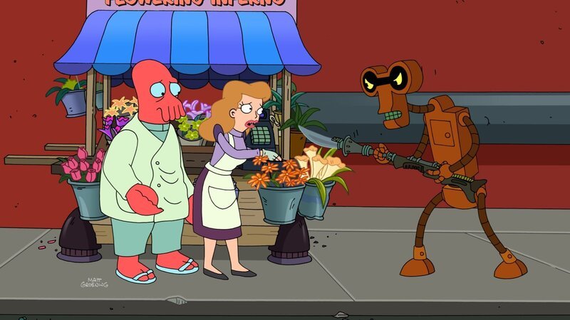 Als Zoidberg (l.) einen Verbrecher (r.) vertreibt, der die Blumenverkäuferin Marianne (M.) bedroht, verlieben sie sich ineinander. Doch haben sie eine gemeinsame Zukunft vor sich? – Bild: Twentieth Century Fox Film Corporation