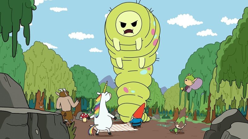 Hufius, Tupfen, Blümchen, Herbert (vorne) und Twinkle (rechts) sowie Meister Heiter (2. von rechts) werden beim Picknick bei den Trauerweiden massiv gestört. Der GAW (Großer Alter Wurm, hinten) taucht auf. – Bild: ZDF/​Tiger Aspect Kids & Family Limited, Movimenti Production, Zodiak Kids & Family France and Monello Productions