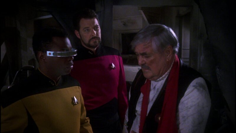 L-R: Geordi La Forge (LeVar Burton), William Thomas ‚Will‘ Riker (Jonathan Frakes), Scotty (James Doohan) – Bild: Tele 5