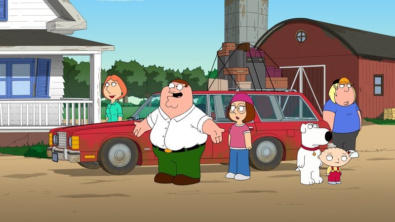 Weil die Verbrechensquote in Quahog steigt, flüchten Chris (r.), Lois (l.), Megan (3.v.l.), Peter (2.v.l.), Stewie (2.v.r.) und Brian (3.v.r.) aufs Land und wollen Farmer werden. Doch ist das wirklich eine gute Idee? – Bild: Twentieth Century Fox Film Corporation