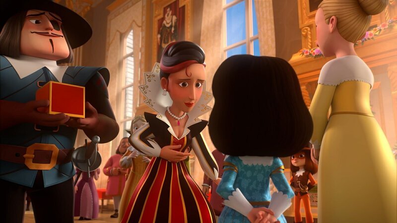 Lady Lala (2. von links) ist eine berühmte Lautenspielerin und zu Gast am Hof von König Louis XIII (2. von rechts). – Bild: ZDF /​ Method Animation /​ Palomar /​ ZDF Studios