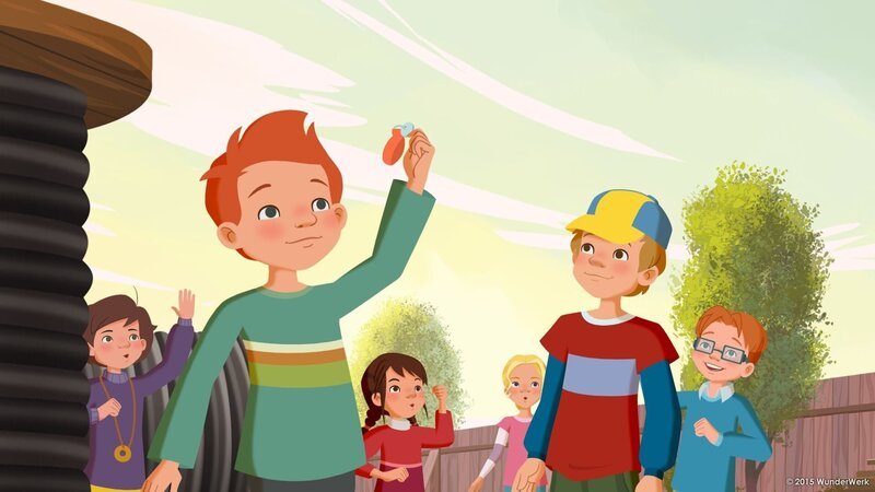 Laurin hat seinen Haustürschlüssel wieder. – Bild: ZDF/​WunderWerk