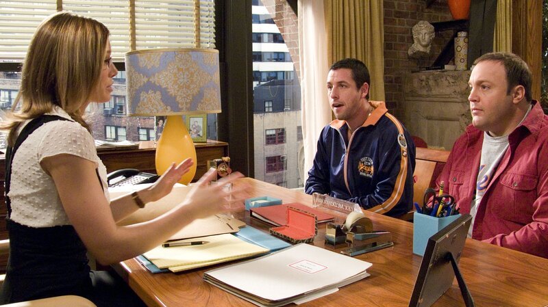 Als ihre Ehe von der Pensionskasse in Frage gestellt wird, nehmen sich Larry (Kevin James, r.) und Chuck (Adam Sandler) zur Wahrung ihrer Rechte die Anwältin Alex (Jessica Biel). – Bild: TVP Als ihre Ehe von der Pensionskasse in Frage gestellt wird, nehmen sich Larry (Kevin James, r.) und Chuck (Adam Sandler) zur Wahrung ihrer Rechte die Anwältin Alex (Jessica Biel). – Bild: TVP