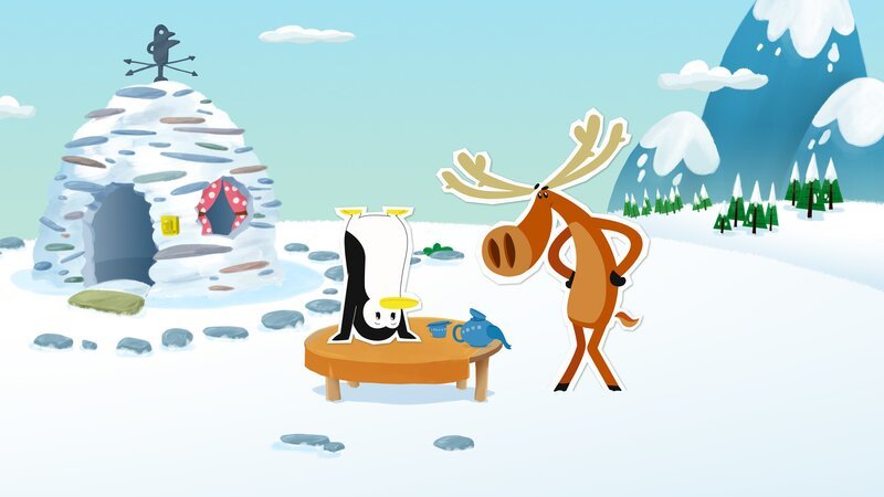 Elch Hubert ist gleichermaßen verwirrt wie empört: Seine Freunde machen den ganzen Tag nur Unsinn. Sie verhalten sich genau im Gegenteil zu dem wie sonst. – Bild: ZDF und JEP-Animation GmbH