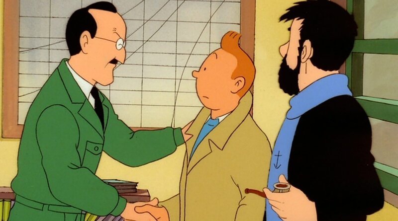 Nach einer Einladung von Professor Bienlein reisen Tim (M.), Struppi und Kapitän Haddock (r.) nach Syldavien, um an einer Mondmission teilzunehmen. Die Rakete wird zunächst ohne Besatzung gestartet, gerät jedoch außer Kontrolle und wird zerstört, da es offenbar einen Spion in den eigenen Reihen gibt. – Bild: ZDF und Ellipsanime/​France 3/​M6/​Nelvana; Hergé – Moulinsar