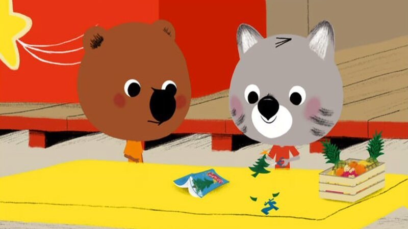 Mouk und Chavapa sind auf Madagaskar und haben mit Mita und Popo darum gewettet, wer die beste Weihnachtsdekoration zustande bringt. – Bild: KiKA/​Millimages