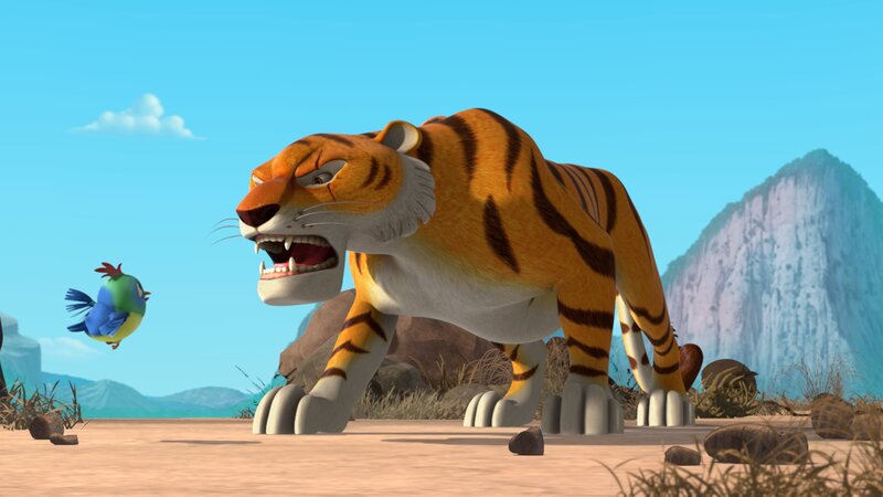 Shir Khan bringt seinem Junior das Brüllen und Jagen bei. Der große Tiger ist gerührt von dem kleinen Vogelbaby, das ihn für seinen Vater hält. – Bild: ZDF und 2009 (c) DQ Entertainment (Ireland) Limited./​2009 (c) DQ Entertainment (Irela