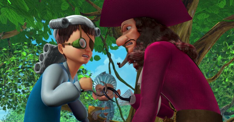 John nimmt die Herausforderung an, die ihm sein Totemtier gestellt hat, und fordert Captain Hook heraus. Mit dem Okular eines Fernrohrs hat John sein Sehproblem gelöst, und mit Eisenhaken an den Händen kann er klettern wie ein Affe. – Bild: ZDF /​ DQ Entertainment