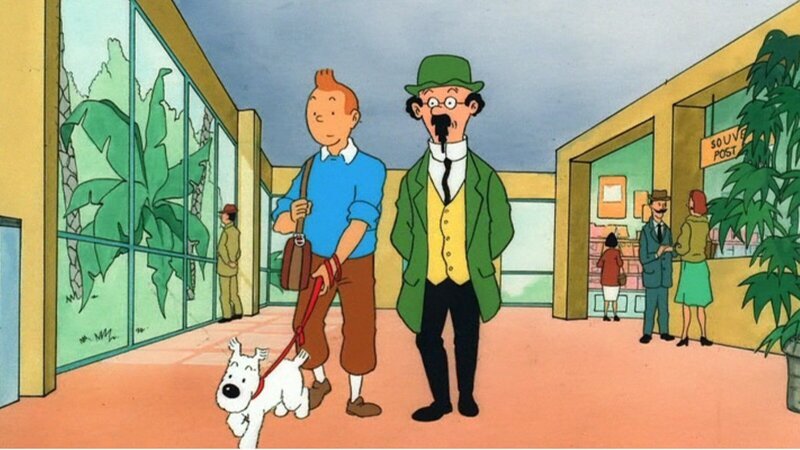 Tim (l.), Struppi, Kapitän Haddock, Professor Bienlein (r.), Piotr Klap und Laszlo Carreidas werden auf dem Flug zum Raumfahrtkongress nach Sydney entführt. Auf einer kleinen Insel treffen sie auf Rastapopoulos, der es auf das Geld von Carreidas abgesehen hat, doch Tim gelingt die Flucht. – Bild: ZDF und Ellipsanime/​France 3/​M6/​Nelvana; Hergé – Moulinsar