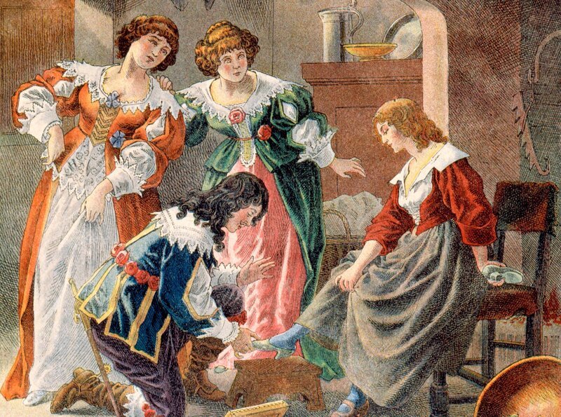 „Drei Nüsse für Aschenbrödel/​Aschenputtel“: Auf viele Arten erzählt wird die Mär vom armen Kind, das von Stiefmutter und Schwestern in die Küche verbannt und dank eines verlorenen Schuhs zur Prinzessin wird. (Archivfoto ,Farbdruck nach Zeichnung von Frederic Theodore Lix (1830⁠–⁠1897).) – Bild: WDR/​akg-images