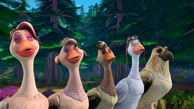 Die Gänse versuchen Hundegebell zu imitieren, um die Jäger abzuschrecken. – Bild: BR/​Studio 100 Animation/​Studio 100 NV