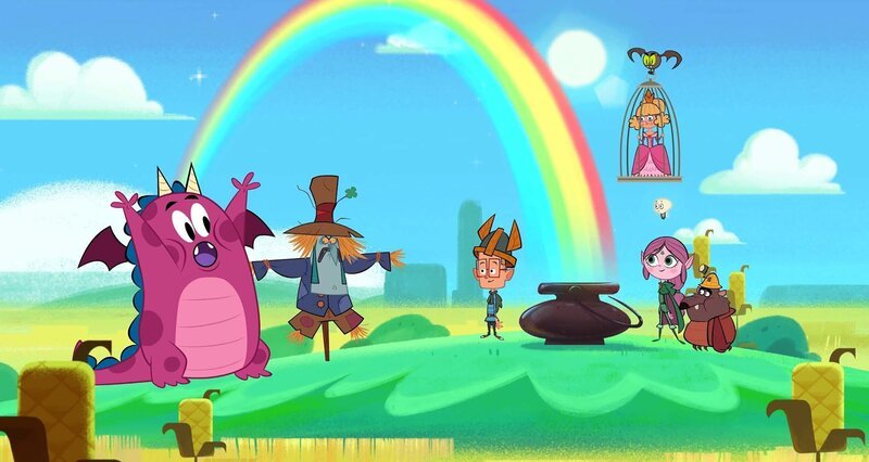 Der freundliche Drache (l.) und Prinzessin Aria (oben) freuen sich, dass der Farbendieb (2.v.l.) besiegt wurde von Marcus (M.), Ephi (2.v.r.) und Ratrick (r.) und dass die Farben des Regenbogens wieder strahlen. – Bild: ZDF/​Mondo TV France