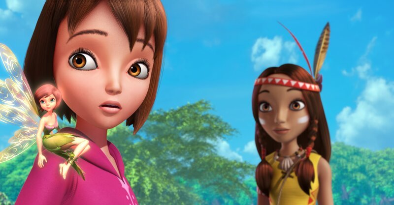 Wendy bildet mit Lily und Tinker Bell ein reines Mädenteam bei der großen Schatzjagd. Sie wollen den Jungs zeigen, was sie drauf haben. Eine Regel besagt, dass nicht geflogen werden darf. Darum sitzt Tinker Bell bei Wendy auf der Schulter. – Bild: ZDF und DQ Entertainment