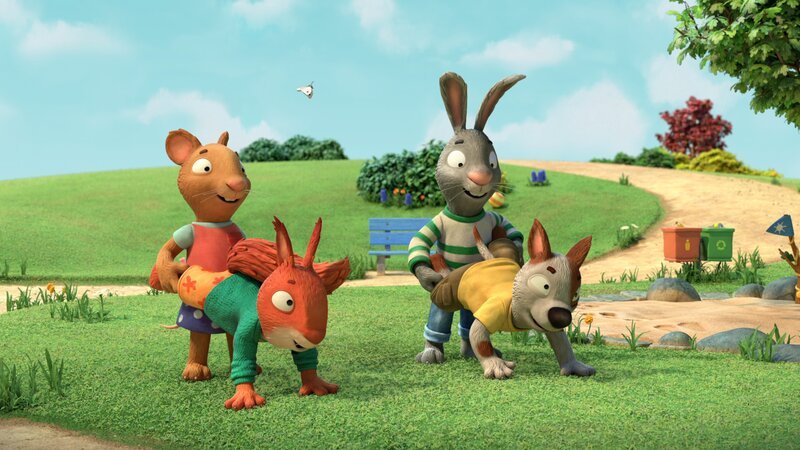 Partnertausch beim Schubkarren-Rennwettbewerb. Ausnahmsweise dürfen Pip und Posy kein Team bilden. – Bild: Magic Light Pictures LTD /​ ZDF