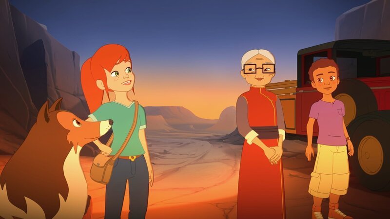 Nachdem Zoé (l.), Harvey (r.) und Lassie in das Geheimnis der Mine eingeweiht sind, verkündet ihnen Mrs. Lee eine Neuigkeit. – Bild: ZDF und Superprod, ZDF, ZDFE