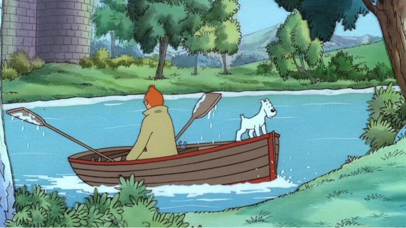 Tim und Struppi begeben sich vom königlichen Anwesen zum anderen Ufer, um nach dem gestohlenen Zepter von König Ottokar zu suchen. – Bild: Ellipsanime/​France 3/​M6/​Nelvana