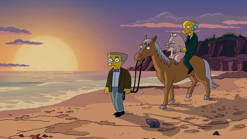 Wird das Familienschwein der Simpsons wirklich mit Mr. Burns (r.) in den Sonnenuntergang reiten und sich von Homer und seinem Zuhause verabschieden müssen? – Bild: Fox and its related entities