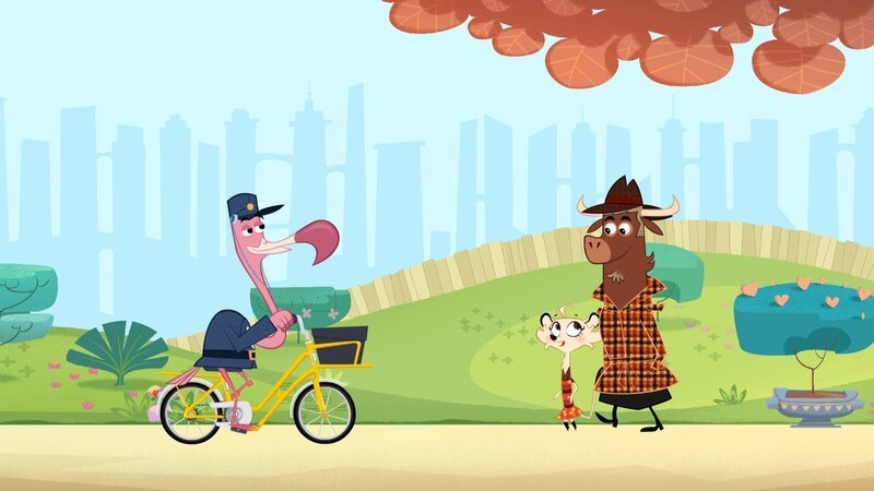 Der Postflamingo hat ein Päckchen für Sherlock Yack. – Bild: ZDF/​Mondo tv