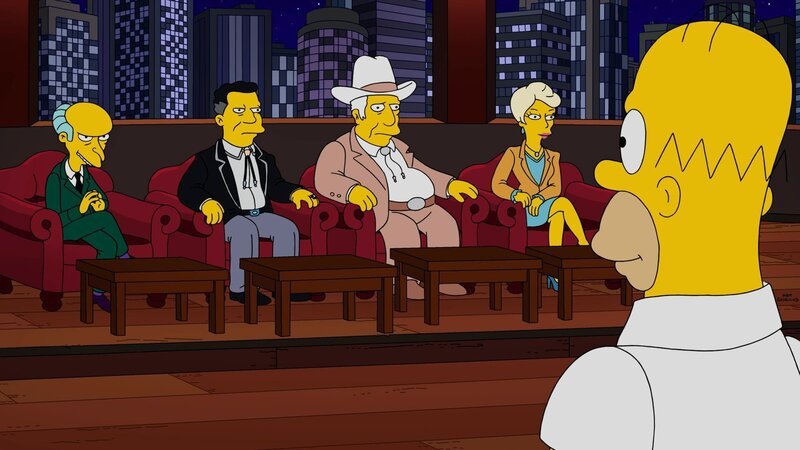 Einer Fachjury präsentiert Homer (r.) einer seiner verrückten neuen Ideen. Doch der einzige, der sich aus kapitalistischen Gründen dafür interessiert, ist Mr. Burns (l.) … – Bild: Fox and its related entities