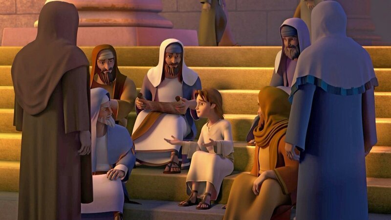 Der zwoelf Jahre alte Jesus (Mitte) lehrt im Tempel – Bild: Bibel TV