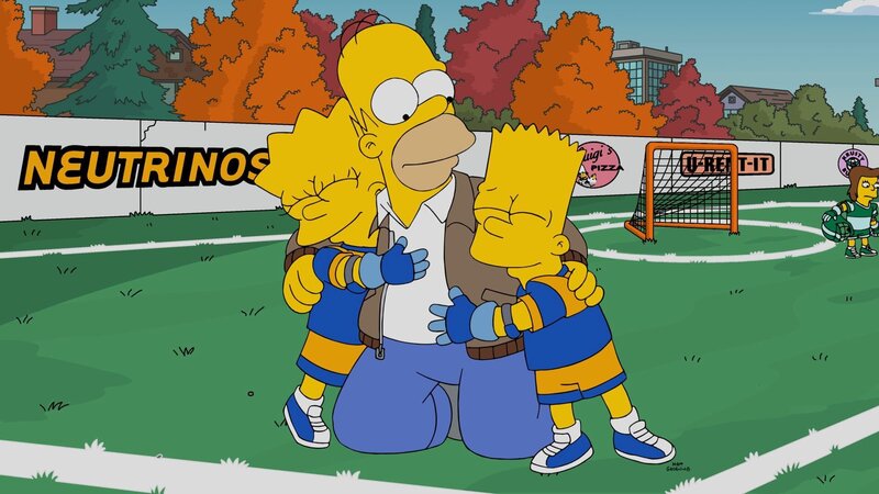 Seinen Kindern Bart (r.) und Lisa (l.) zur Liebe tut Homer fast alles (M.), doch als er mit Milhouses Vater Kirk ihr Lacrosseteam trainieren soll, gerät seine Vaterliebe an die Grenzen … – Bild: Fox and its related entities