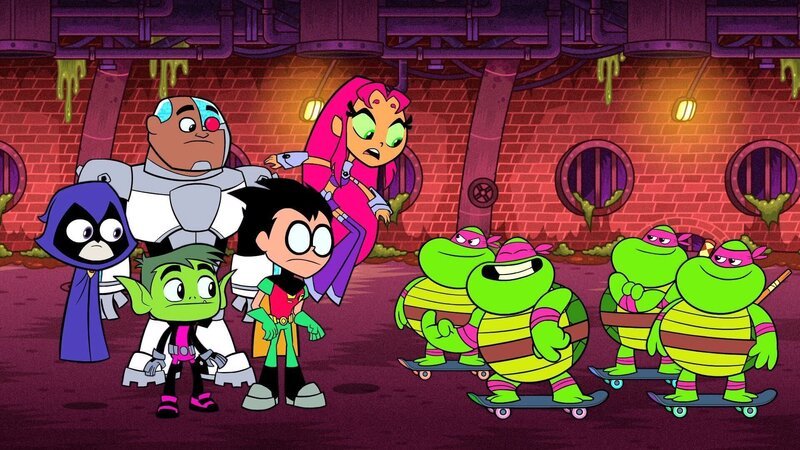 v.li.: Raven, Cyborg, Beast Boy, Robin, Starfire, Teenage Mutant Ninja Turtles – Bild: Cartoon Network