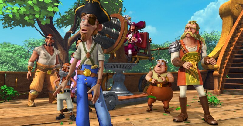 Die Piraten sind verblüfft, weil Peter Pan mutig auf sie zugeflogen kommt. Captain Hook will Peter abschießen, doch er weiß nicht, dass die Kinder ihm einen Streich gespielt und das Kanonenkatapult manipuliert haben. – Bild: ZDF /​ DQ Entertainment
