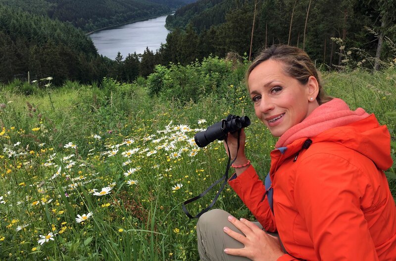 Der Wildnis-Trail durch den Nationalpark Eifel macht seinem Namen alle Ehre: Schmale Pfade schlängeln sich über 85 Kilometer durch dichte Wälder mit umgestürzten Bäumen, über sturmumtoste Höhen, vorbei an Bächen, Wildblumenwiesen und kleinen Dörfern. Tamina Kallert wandert die erste der vier Etappen durch die wilde Eifel, in der die Natur wieder Natur sein darf. – Bild: WDR/​Linda Windmann