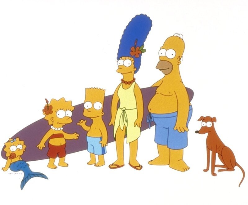 (11. Staffel) – Gemeinsam ist die Familie Simpson unschlagbar: Lisa (2.v.l.), Homer (2.v.r.), Bart (3.v.l.), Hund Knecht Ruprecht (r.) Marge (3.v.r.) und Maggie (l.). – Bild: Twentieth Century Fox Film Corporation