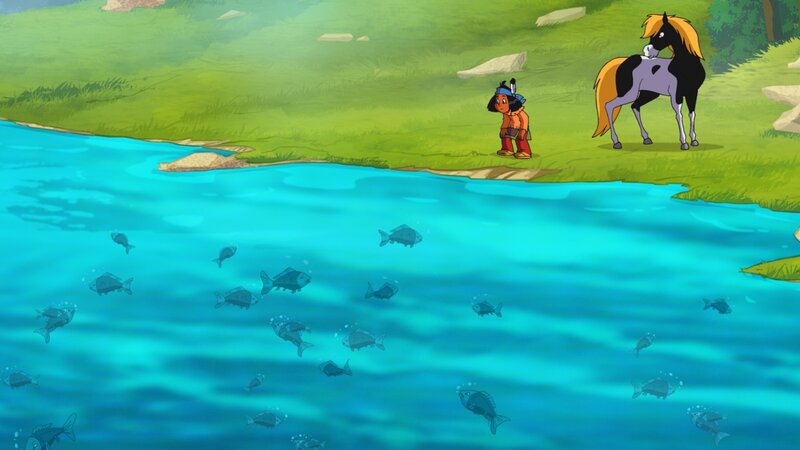 Yakari will herausfinden, warum immer weniger Fische im Fluss sind. – Bild: WDR/​Storimages