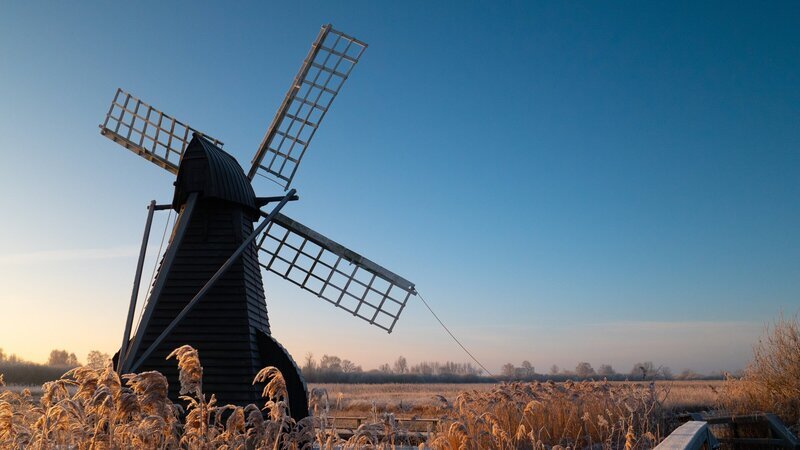 Die Sumpflandschaft der Fens wird seit dem 17. Jahrhundert mithilfe von Windmühlen entwässert. – Bild: ZDF und BBC – A Wild Year