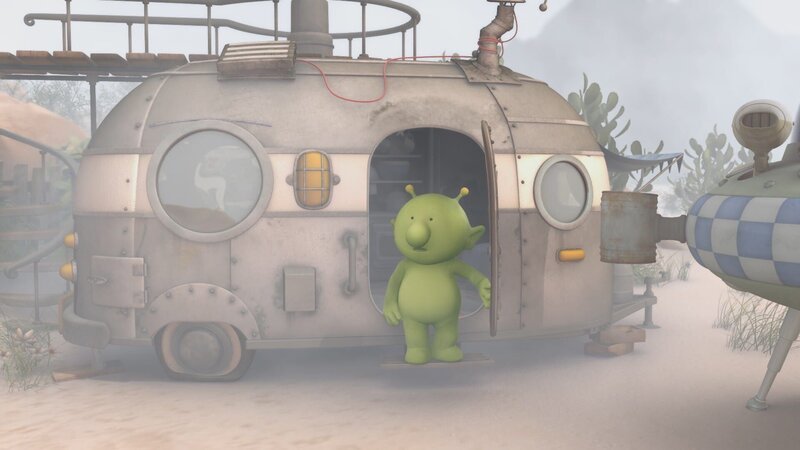 Als Pootle aus seinem Wohnwagen steigt liegt über ganz Okidoki ein dichter Nebelschleier. – Bild: KiKA/​Snapper Productions/​Q Pootle 5 LTD