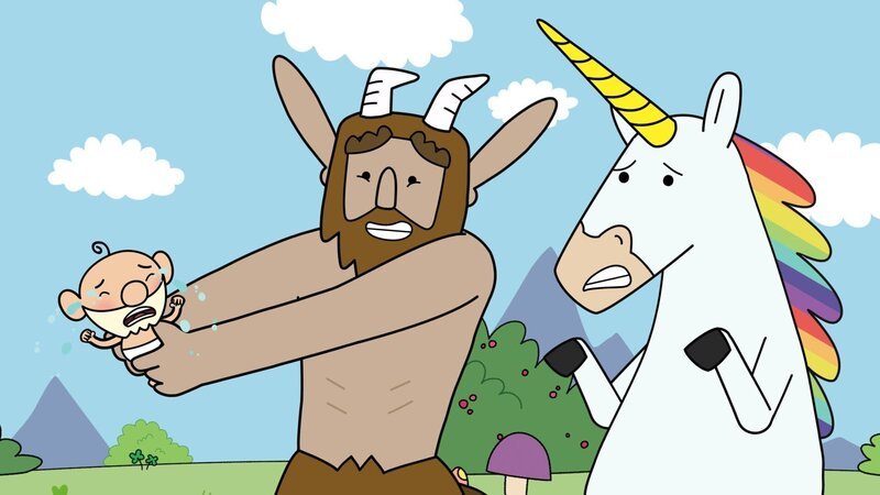 Herbert (l.) hat es mit dem Trinken vom Jungbrunnenwasser übertrieben. Nun hat er sich zum Baby zurück verwandelt. Hufius (M.) und Blümchen (r.) sind gefordert. – Bild: Tiger Aspect Kids & Family Limited, Movimenti Produc