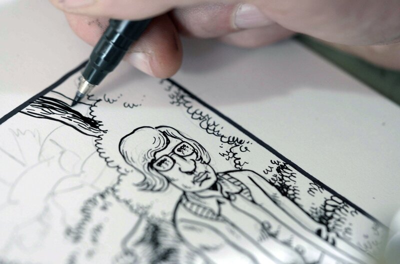 Die Dokumentation lässt Zeichnungen und Realität ineinanderfließen – und macht sichtbar, wie sehr Derf Backderfs Comic-Welt sein Denken bestimmt. – Bild: ARTE F /​ Tournez S’il Vous Plaît Production