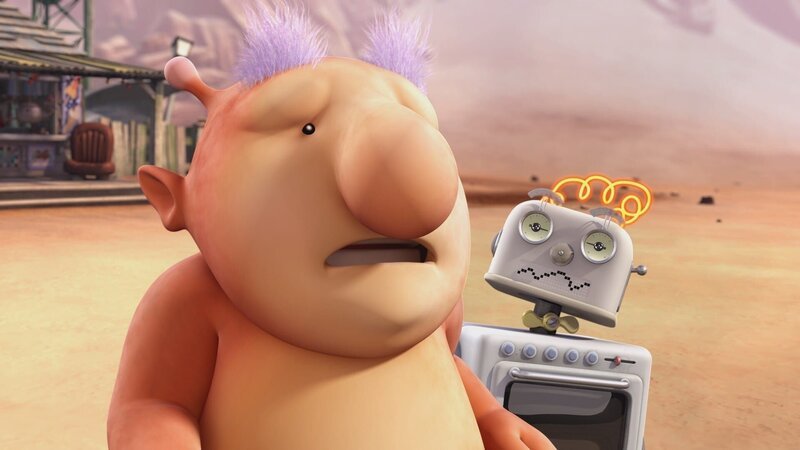 Nach einem Ölwechsel spielt Eddis Raumschiff verrückt. Es gelingt ihm nur mit größter Mühe, sein Gefährt zu steuern. Groobie und Bud-D schauen einem seiner Lademanöver gebannt zu. – Bild: KiKA/​Snapper Productions/​Q Pootle 5 LTD