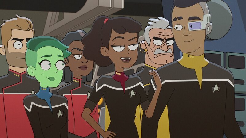 v.li.: Jack Ransom, D’Vana Tendi, Carol Freeman, Beckett Mariner, Lieutenant Shaxs, Sam Rutherford – Bild: Paramount