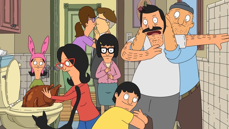 L-R: Louise, Linda, Gayle, Mort, Tina, Gene, Bob, und Teddy. – Bild: ViacomCBS /​ FOX /​ 2013 FOX BROADCASTING /​ BOB’S BURGERS ª and 2013 TCFFC ALL RIGHTS RESERVED.