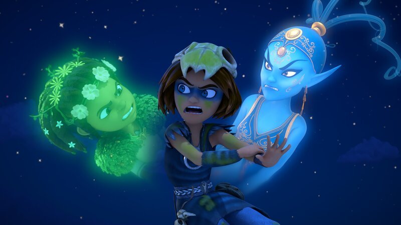 Katell (l.) und die Dschinni (r.) versuchen gegeneinander anzukommen. Und mittendrin: Stig (M.), der die Dschinni aus ihrer Lampe gelockt hat, um für ein bisschen Spaß zu sorgen. Doch das ging nach hinten los. – Bild: Method Animation – ZDF /​ ZDF Studios