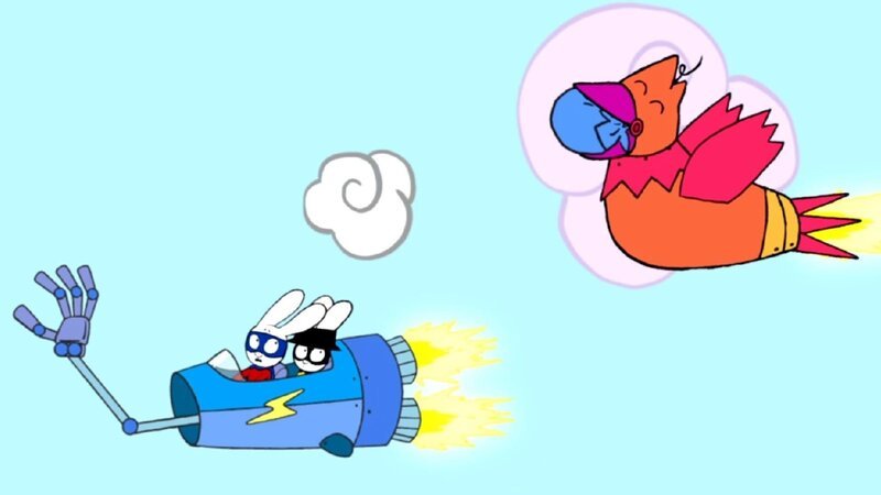 In ihrem Super-Raumschiff versuchen Superhase (l.) und Captain Hase (M.) den superschnellen Robo-Vogel (r.) einzufangen. – Bild: GO-N Productions /​ ZDF