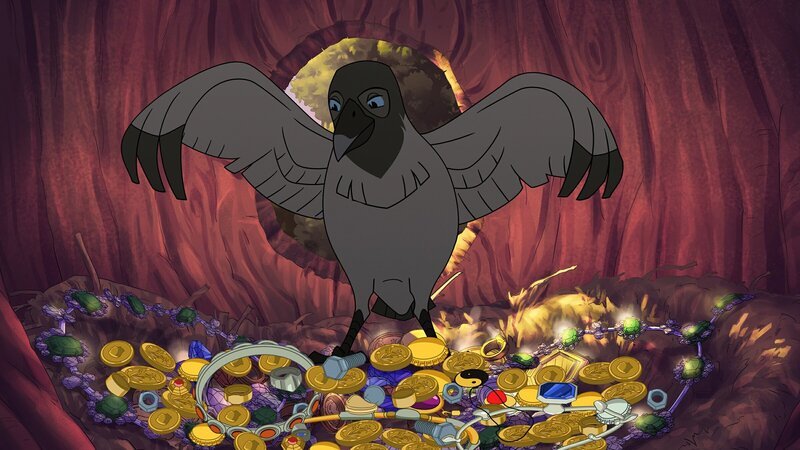 Krähe Kiki ist stolz auf ihre glitzernde Beute, die sie gegen Futter eintauschen kann. Doch genau genommen gehören diese Gegenstände gar nicht ihr. – Bild: ZDF/​ Caligari Film