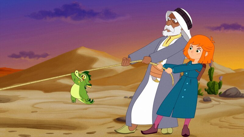 Lilli und Hektor ziehen zusammen mit dem Stammesführer Abu mit einem Seil aus Treibsand. – Bild: ORF 1