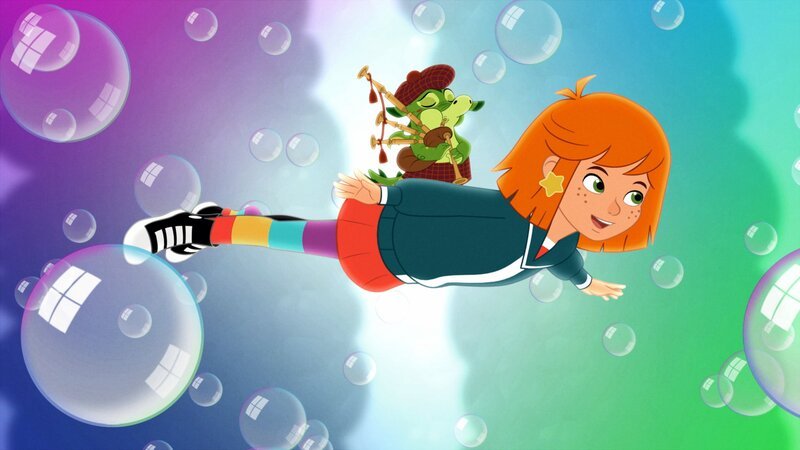 Lilli und Hektor schweben per Hexensprung ins Schloss im 13. Jahrhundert. – Bild: ORF/​DOR Film/​Trixter Productions, Vivatoon