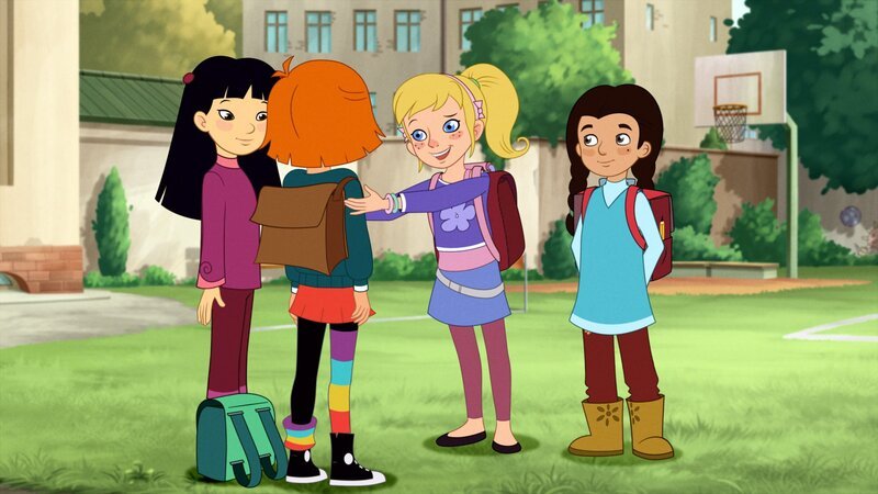 Lilli steht mit ihren Freundinnen auf dem Schulhof. – Bild: ORF 1